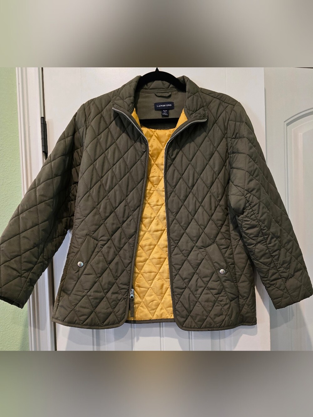 Lands' End Quilted Olive Puffer Jacket with Yellow Lining S/P (6/8)